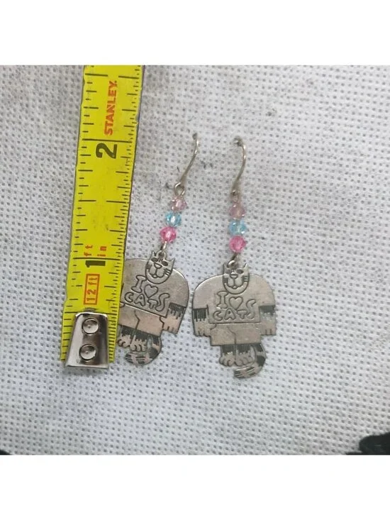 Vtg Edgar Berebi Sterling Silver I Love Cats Dangle Earrings w/Beads - Picture 3 of 5
